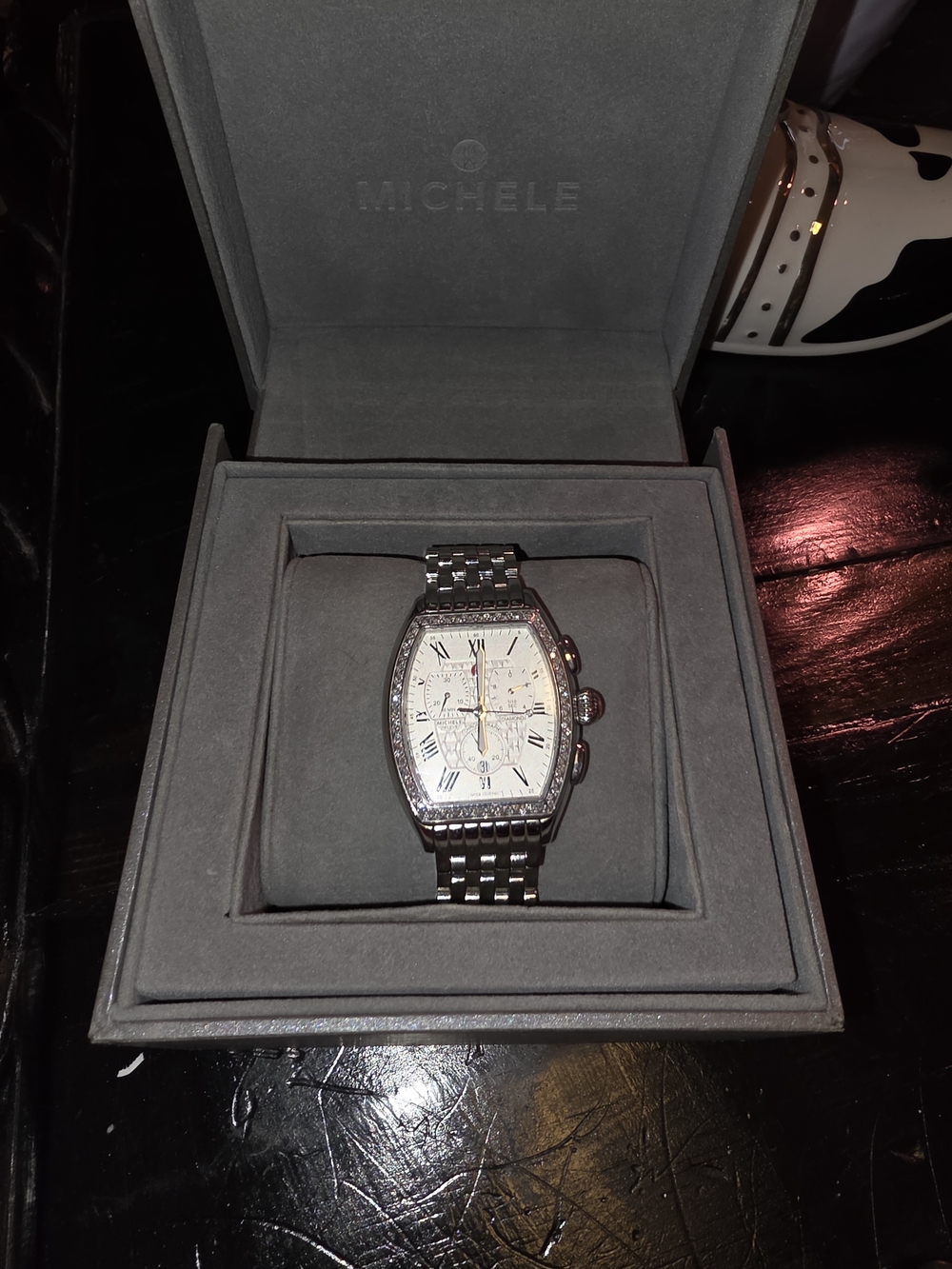 MICHELE Stainless Steel Diamond-Accented Tonneau Watch - Silver & White
